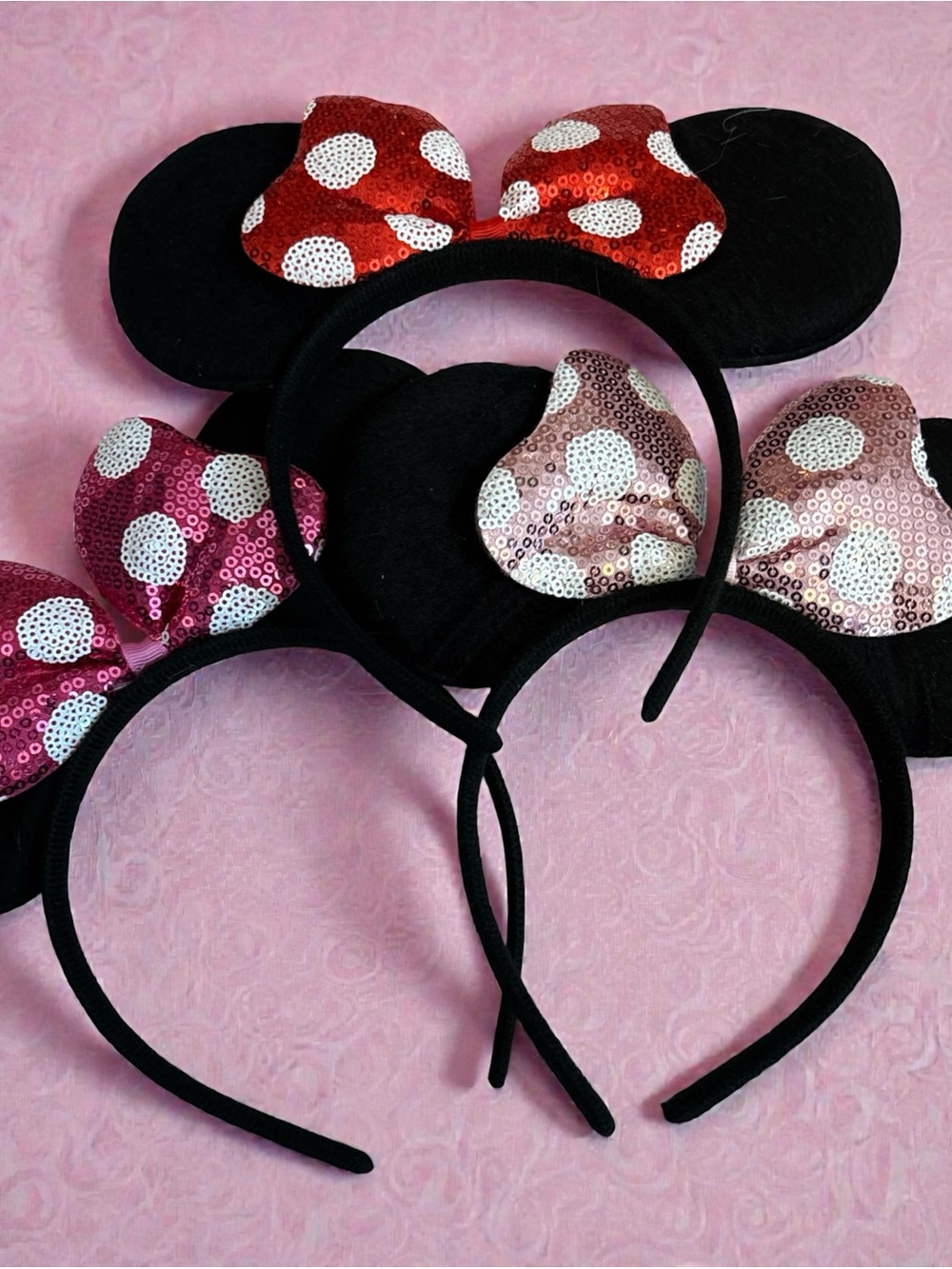 Sequin Polka Dot Mouse Ear Headband for Kids - Black with Pink & Red Bows